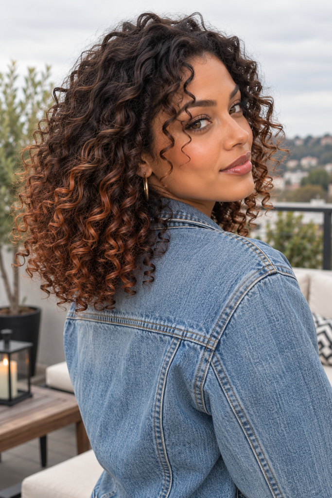 Woman with shoulder-length curly hair featuring hidden copper peekaboo highlights