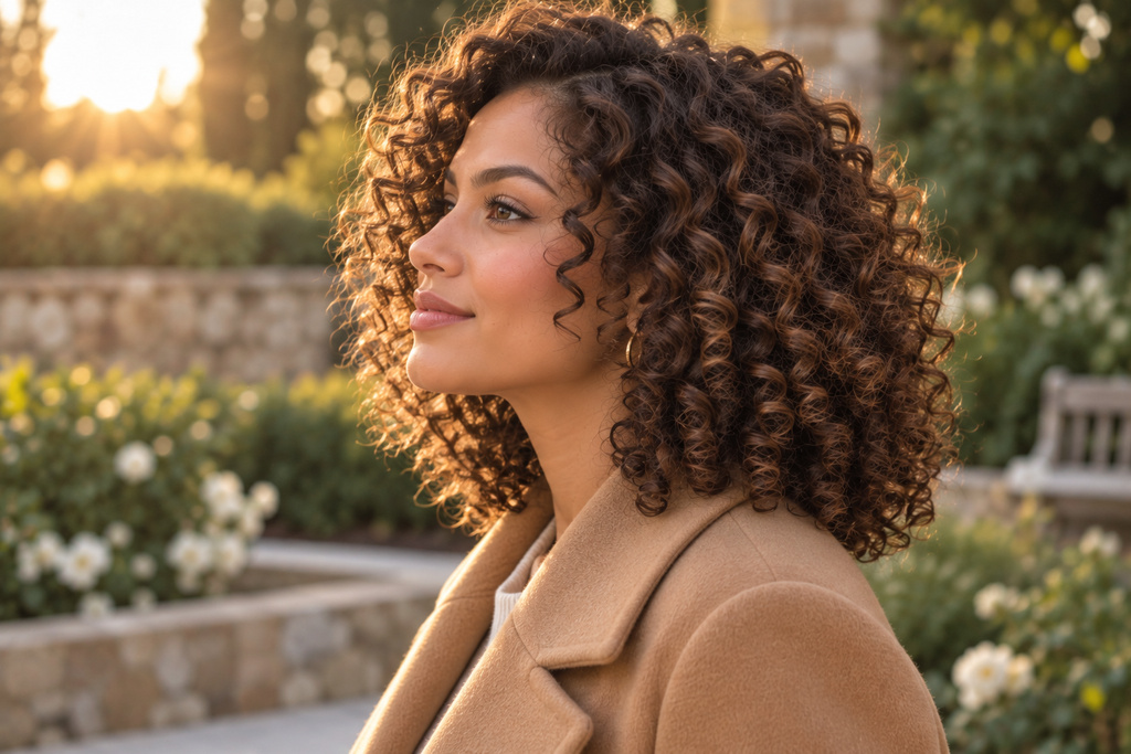 Woman with chestnut brown curls wearing a camel coat outdoors.