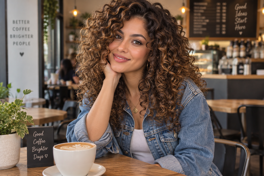 Woman with voluminous medium curls and honey bronze balayage wearing a denim jacket