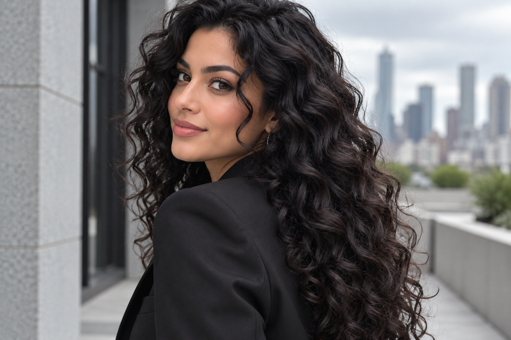 Woman with long glossy black curls wearing a black blazer.