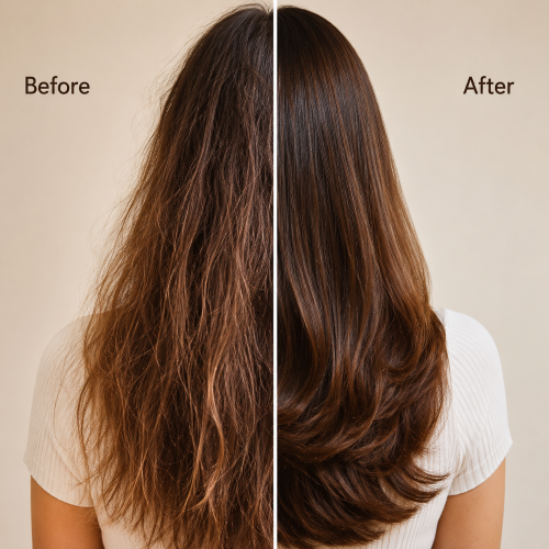 Before-and-after comparison showing dry, frizzy damaged brown hair on one side and smoother, healthier-looking hair with reduced frizz on the other