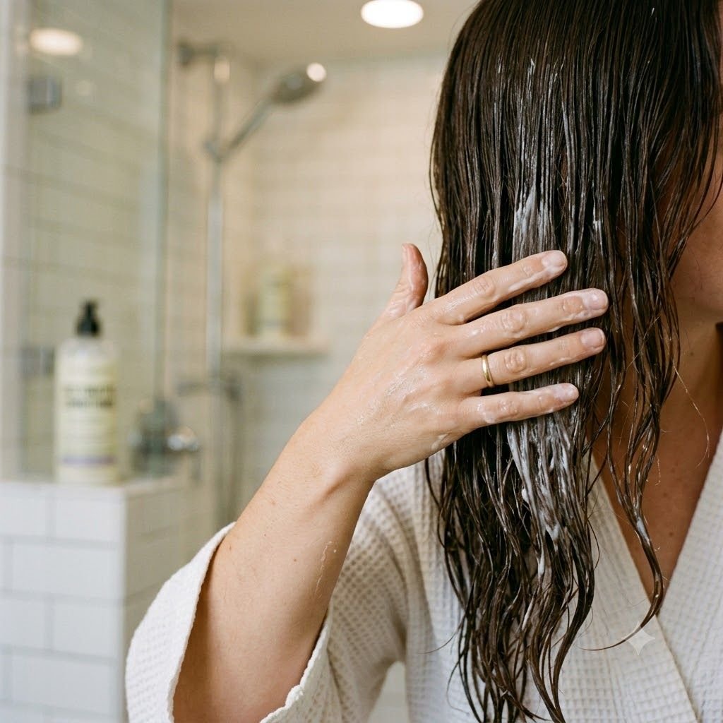 Close-up of conditioner being gently smoothed through the mid-lengths and ends of wet hair in a softly lit bathroom.