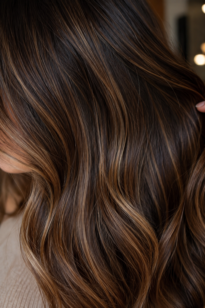 Close-up of fine blended babylights in brunette hair
