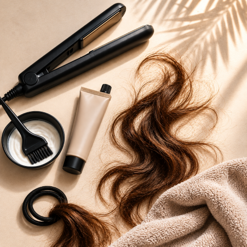 Flat lay of common hair-damage causes, featuring a hair straightener, hair dye, loose frizzy hair strands, tight hair ties, sunlight, and a textured towel on a warm neutral background.