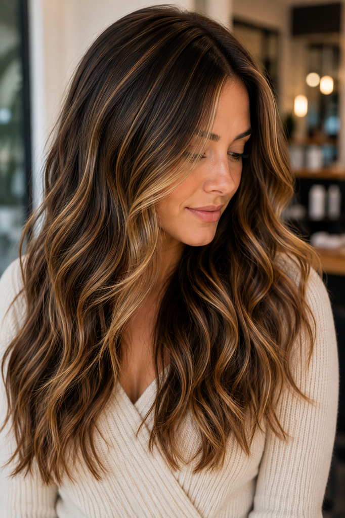 Low-maintenance brunette babylights with soft blended roots