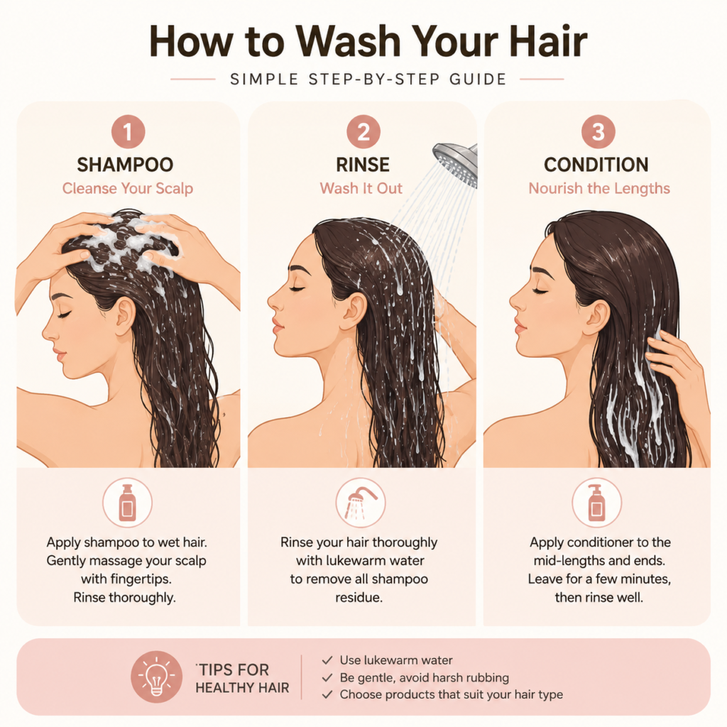 Step-by-step hair washing illustration showing shampoo applied to the scalp, hair being rinsed, and conditioner applied to the mid-lengths and ends.