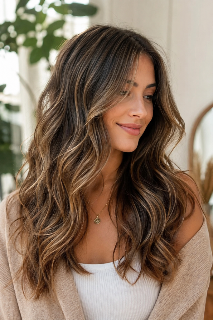 Woman with long brunette hair and subtle honey blonde babylights