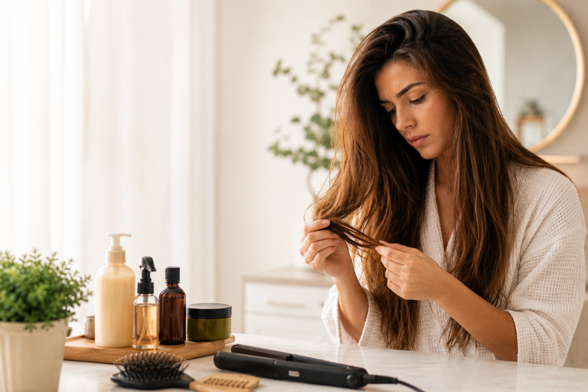 Woman examining the dry, damaged ends of her hair beside hair-care products and a flat iron in a softly lit bedroom or vanity setting.