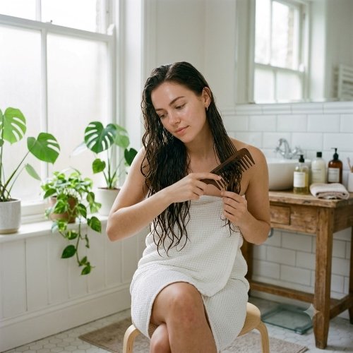 Woman gently detangling wet dark hair with a wide-tooth comb in a bright bathroom with soft natural light