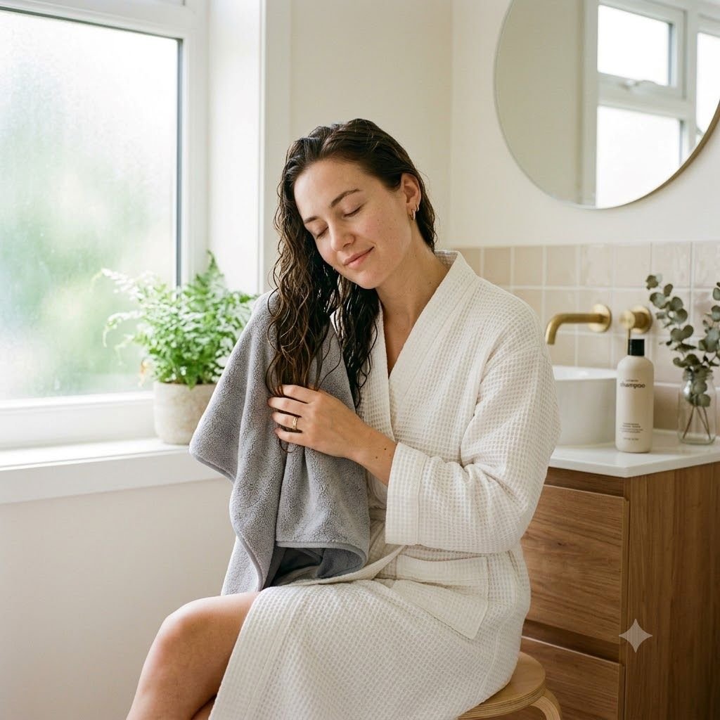 Woman gently drying her wet hair with a soft microfiber towel in natural light.