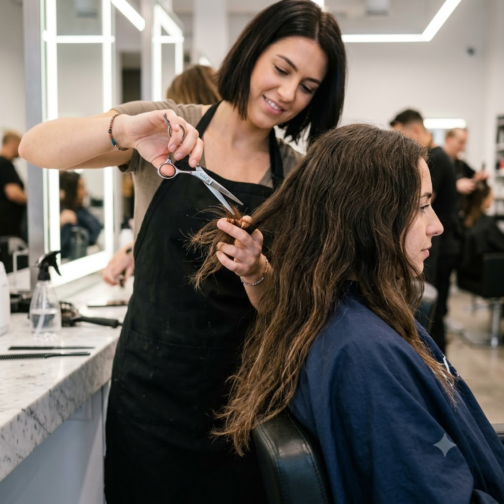 Hairdresser trimming dry, split ends with scissors in a clean, professionally lit salon.