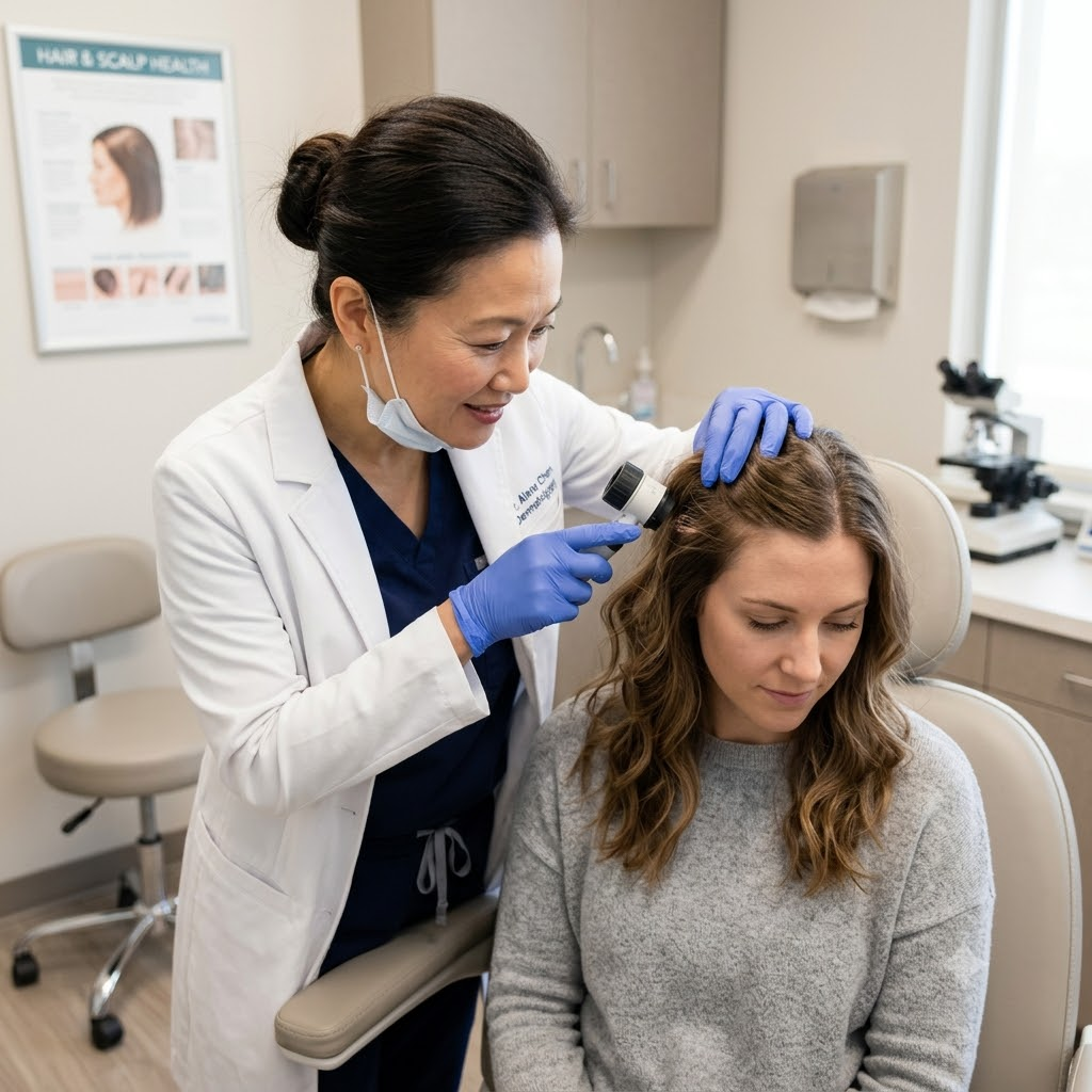 Dermatologist professionally examining a patient's scalp and hair in a clean clinical setting