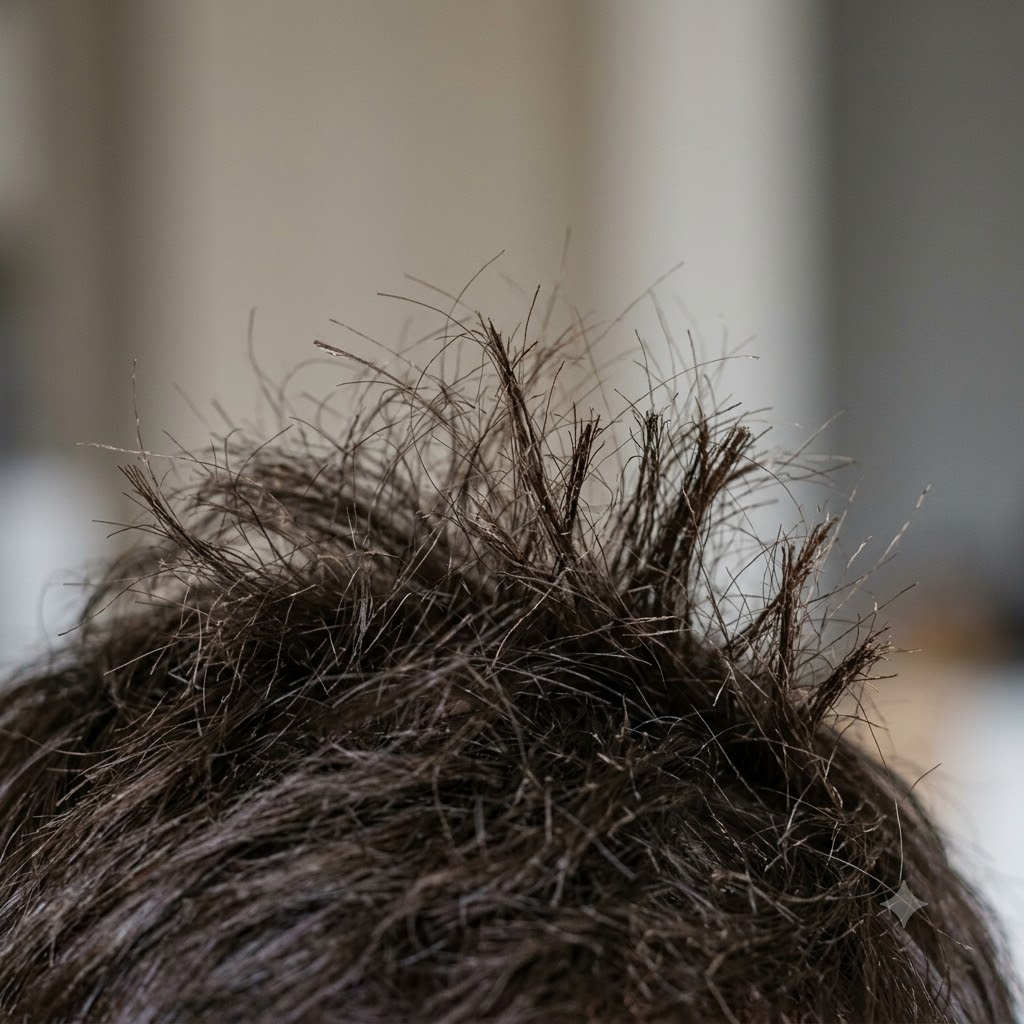 Close-up of broken hair strands, uneven lengths, flyaways, and frayed ends showing visible hair breakage.