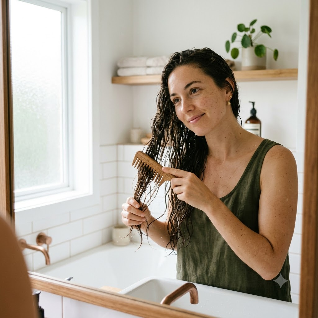 Woman gently detangling wet hair from the ends upward with a wide-tooth comb in a bright bathroom.