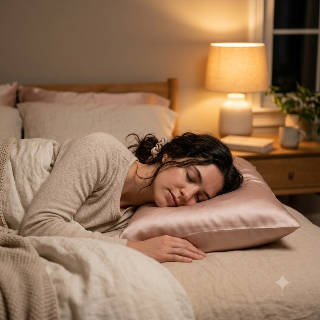Woman sleeping with loosely secured hair on a smooth pillowcase to reduce nighttime friction and tangling.