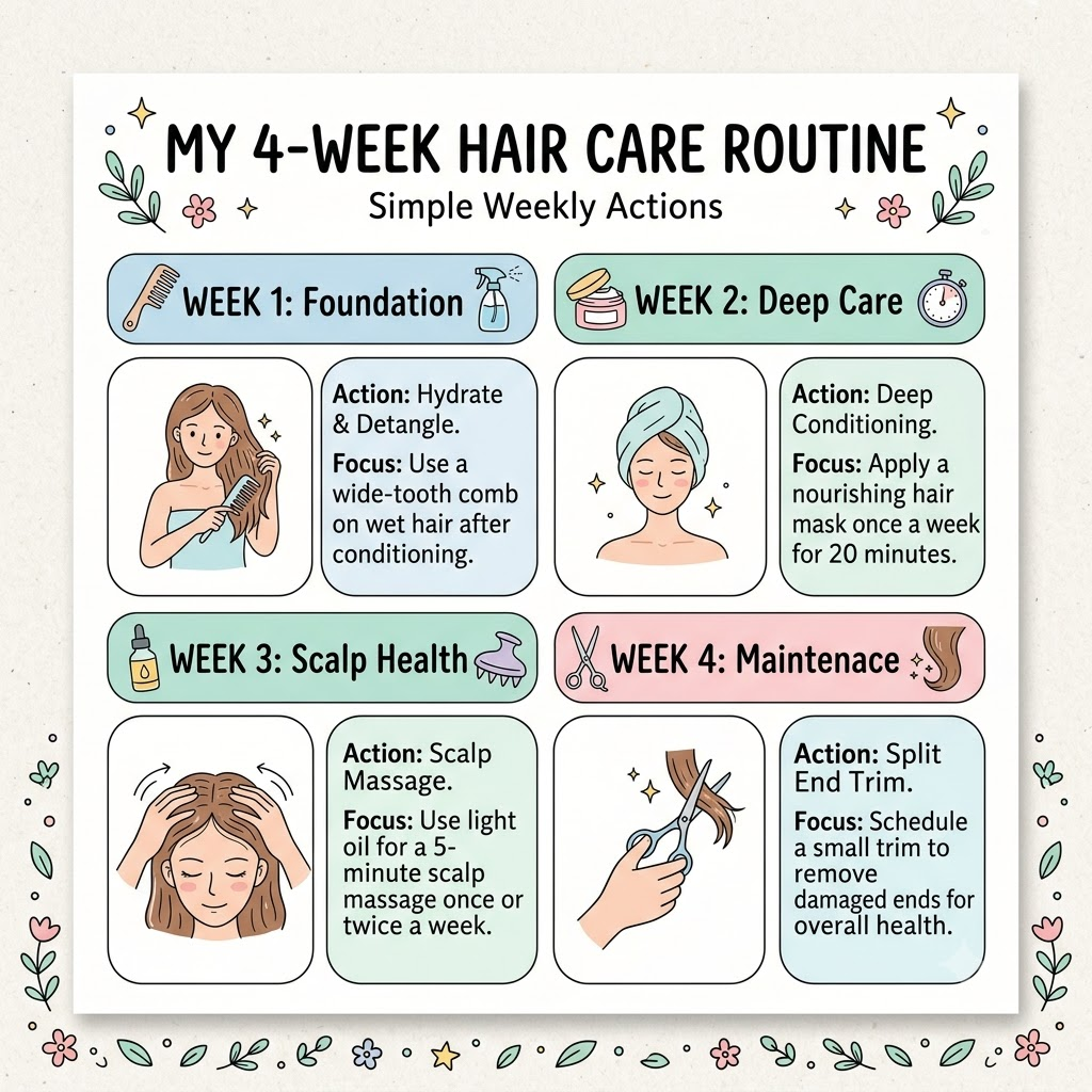 Four-week hair-care routine calendar showing weekly steps to reduce hair breakage and protect fragile strands.