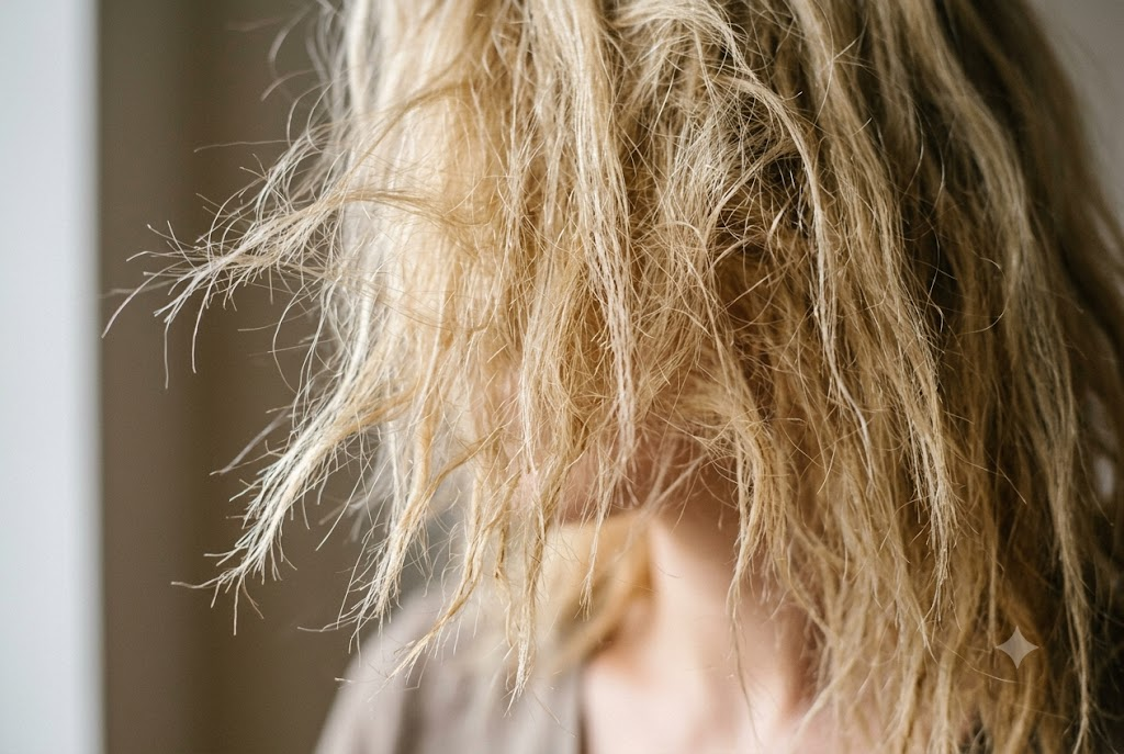 Close-up of bleached hair showing dryness, frizz, rough texture, and visible signs of breakage.