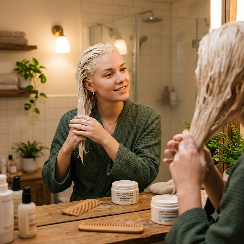  Woman applying a deep-conditioning hair mask to dry, bleached hair at home.