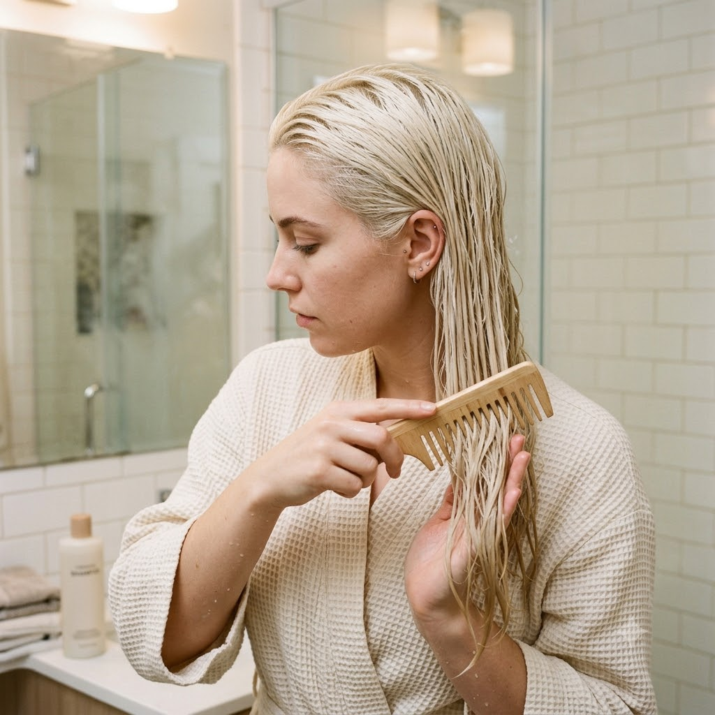 Woman gently detangling wet bleached hair with a wide-tooth comb to reduce pulling and breakage.