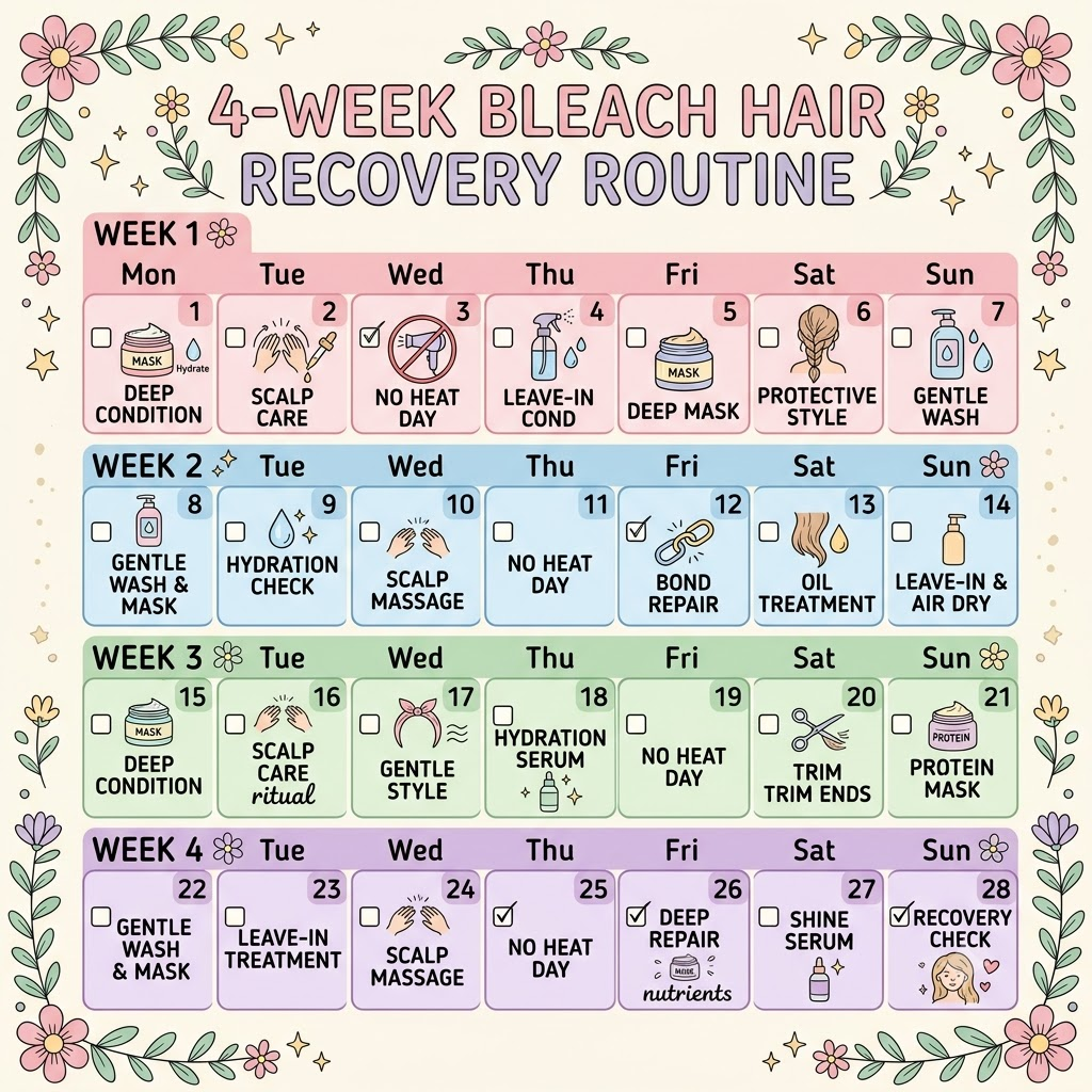 Four-week hair-care calendar showing steps to reduce bleach damage, improve conditioning, and protect fragile hair.