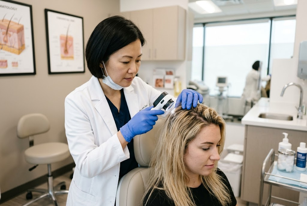 Dermatologist examining a patient's scalp and chemically treated hair during a professional consultation.