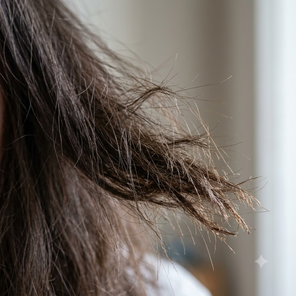 Close-up of dry, frizzy hair with rough texture, flyaways, and damaged ends caused by repeated heat styling.