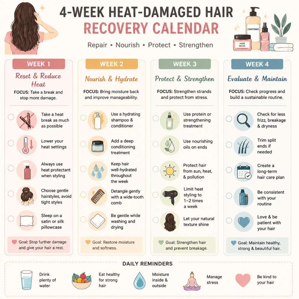 Four-week hair-care recovery calendar showing steps to reduce heat exposure, improve conditioning, protect hair, and evaluate progress.