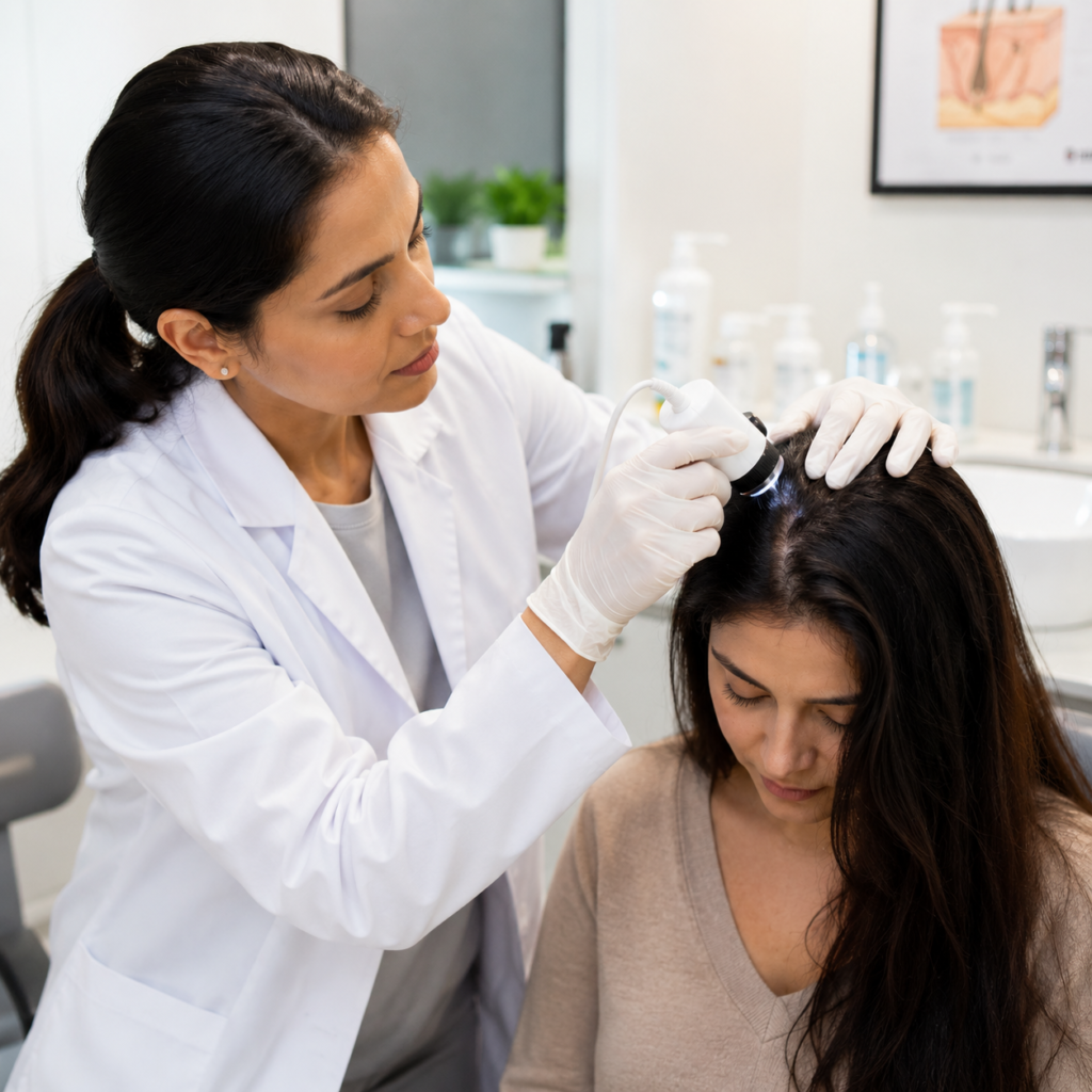 Dermatologist professionally examining a patient's scalp and hair in a clean clinical setting.