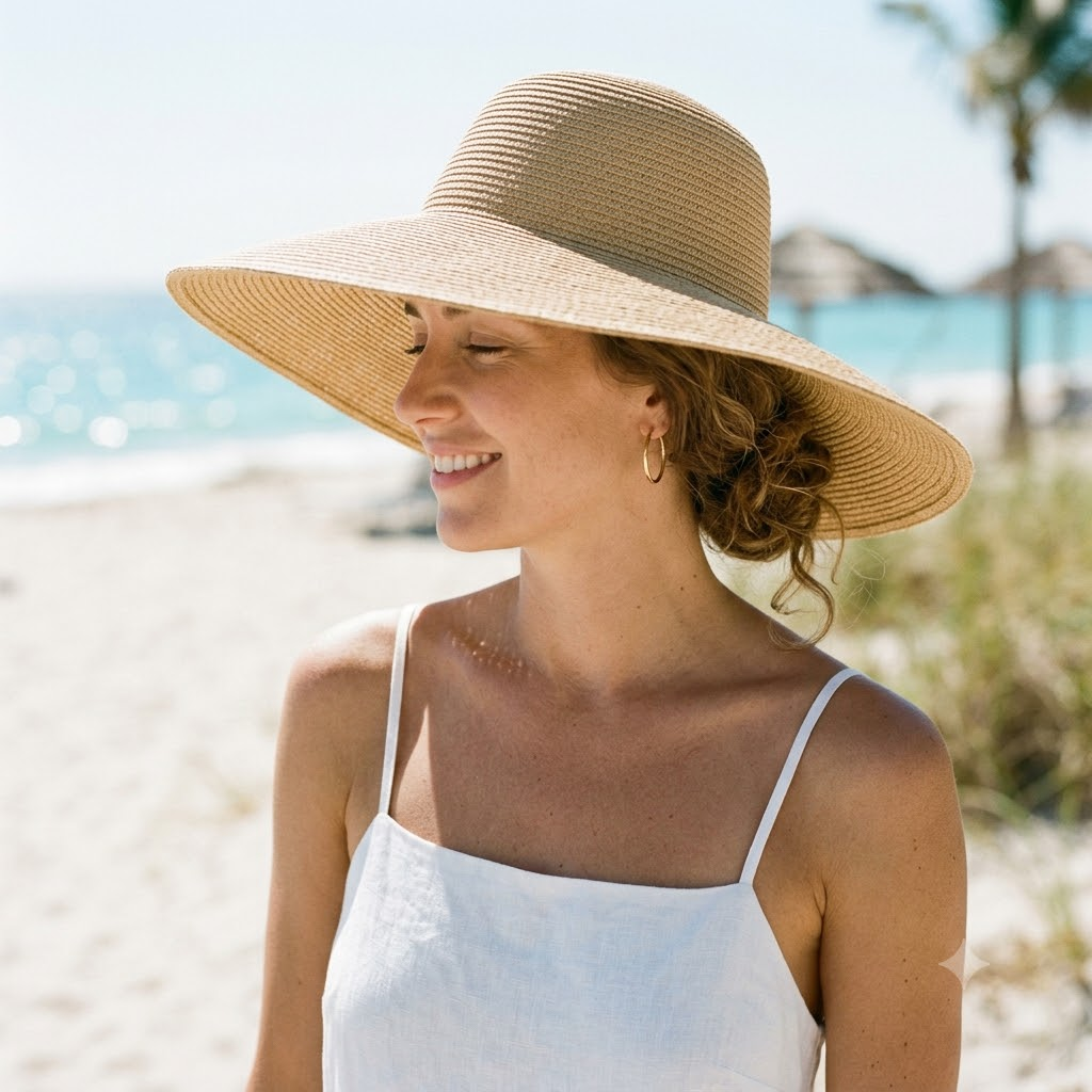 Woman wearing a wide-brim hat at the beach to protect her hair from direct sunlight in bright summer weather