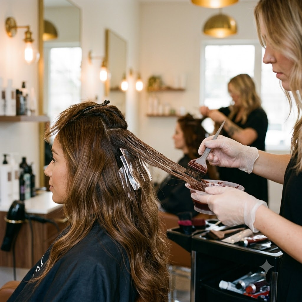 Professional hair coloring process in a salon, with a stylist applying color to healthy-looking hair under warm salon lighting
