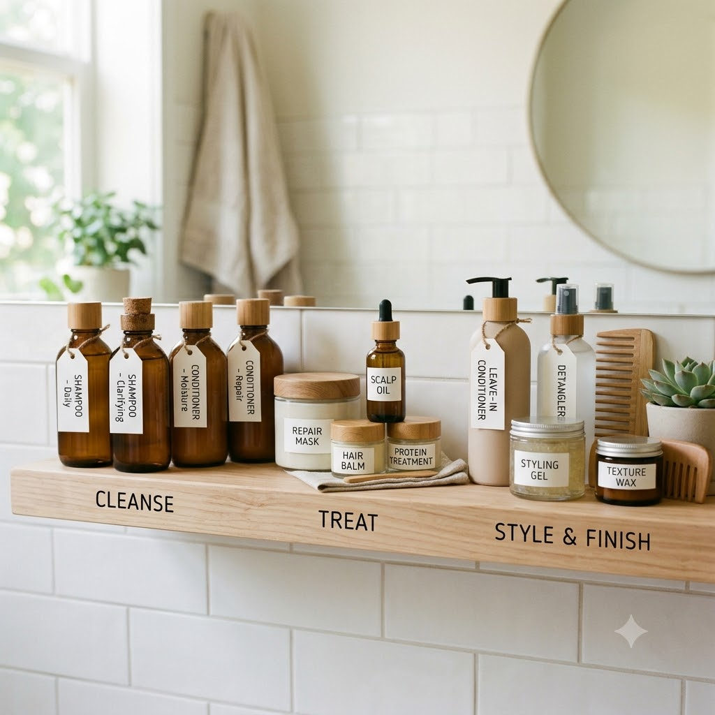 Hair care products neatly arranged by purpose on a bathroom shelf, with soft natural lighting and no visible brand logos