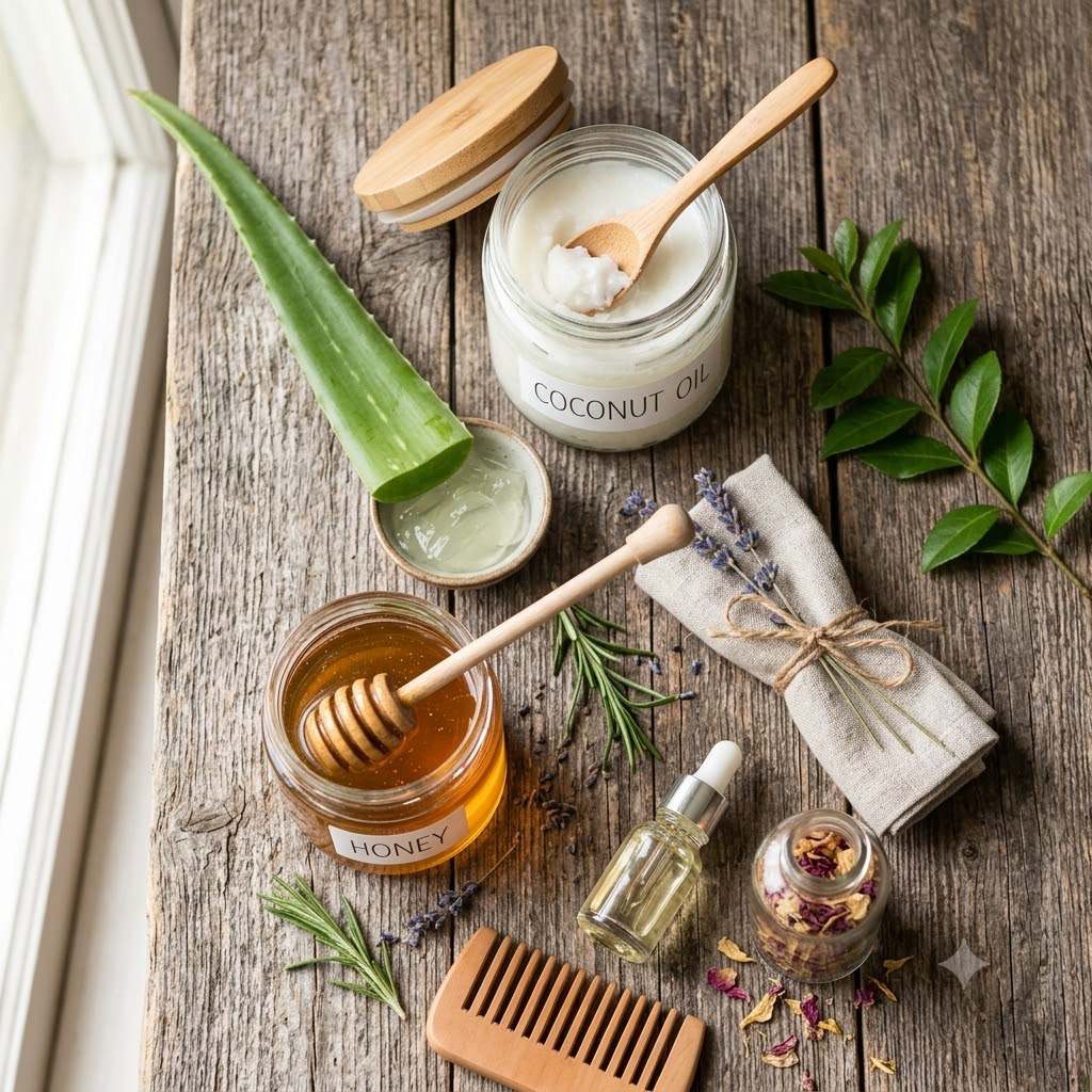 Natural hair-care ingredients including coconut oil, fresh aloe vera, and a jar of honey arranged on a rustic wooden surface in soft daylight.