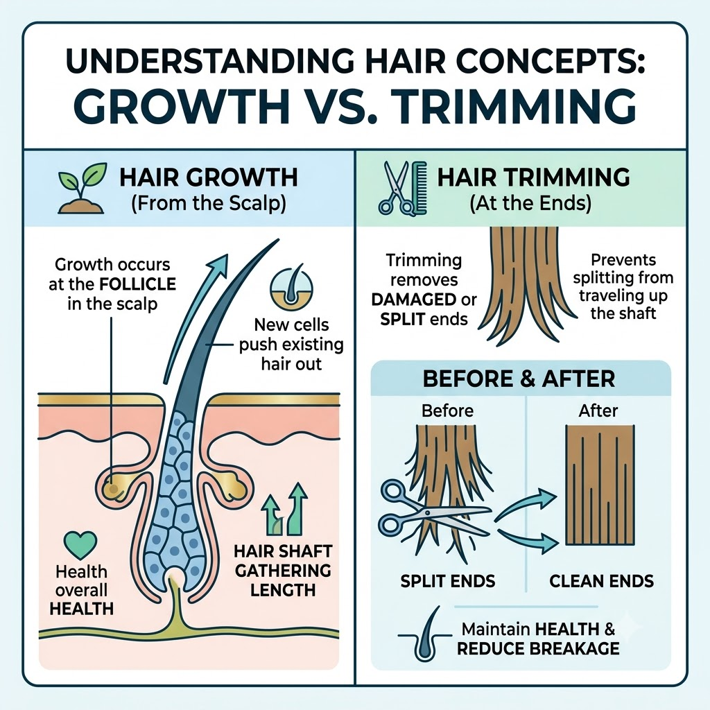 Simple illustration showing that hair grows from the scalp while trimming removes damaged ends, using a clean minimal diagram style.