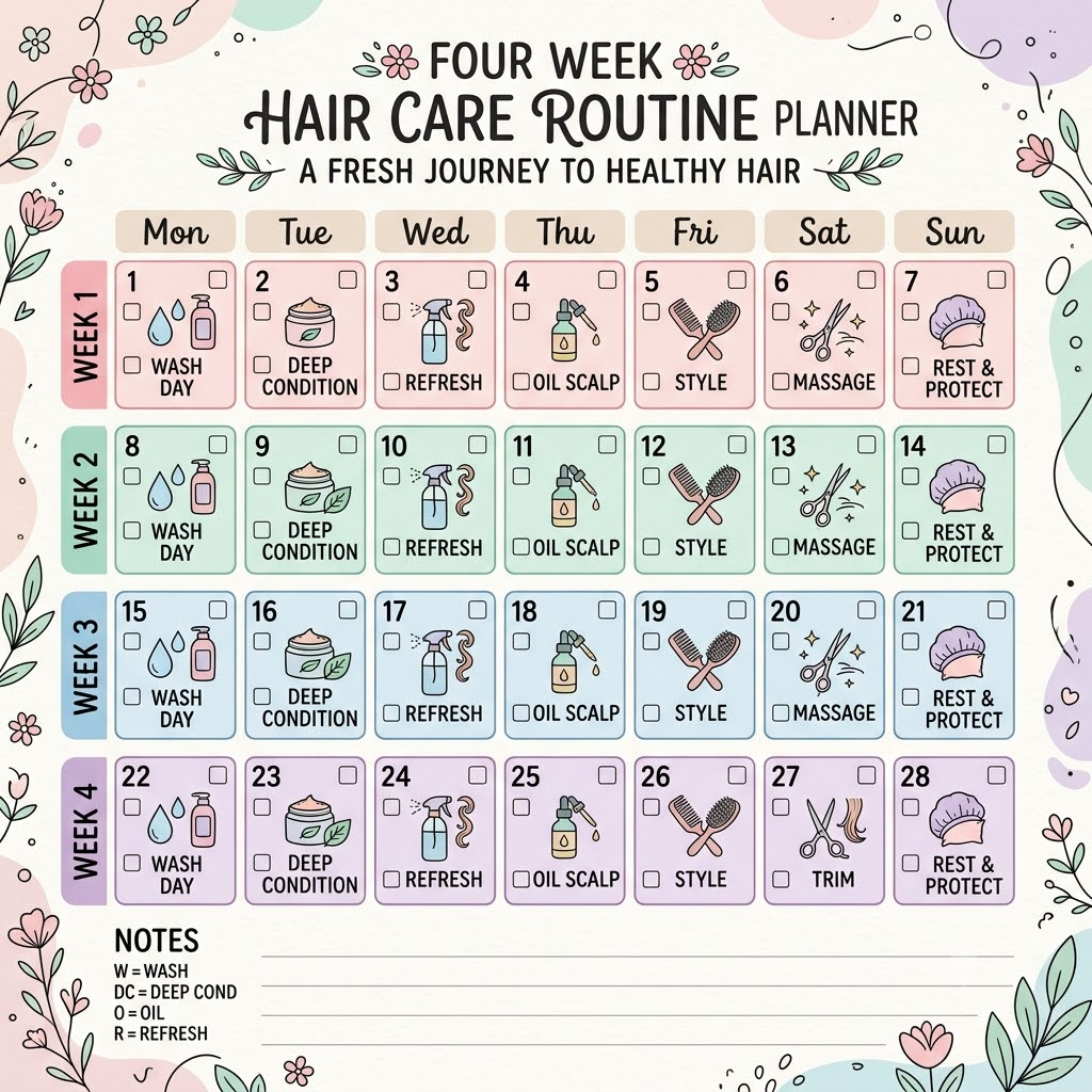 Four-week hair-care routine calendar showing a simple weekly checklist for reducing damage, improving conditioning, protecting hair, and evaluating progress