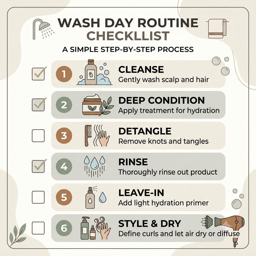 Simple visual checklist showing a complete hair wash-day routine, including washing, conditioning, gentle drying, and detangling steps in soft neutral tones.