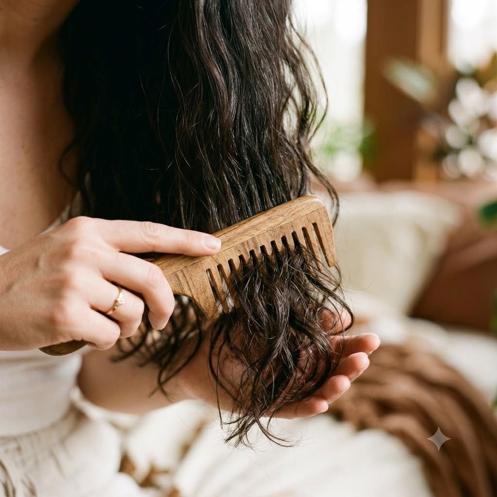 Close-up of a wide-tooth comb gently detangling hair from the ends in soft, warm lighting.