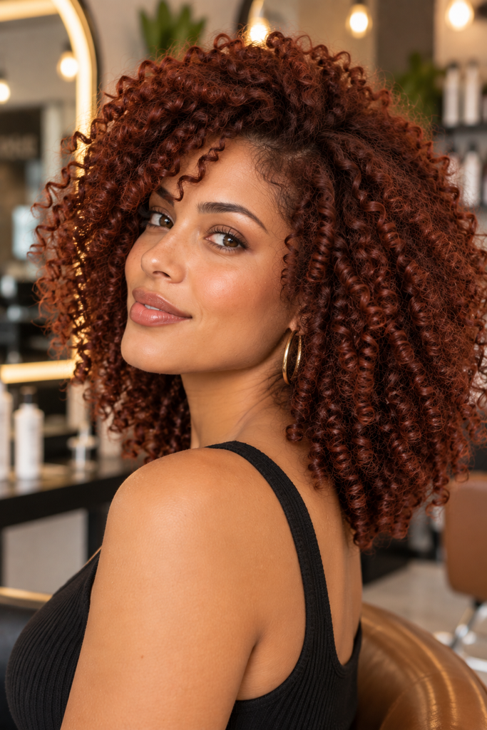 All-over auburn hair color on coily curly hair