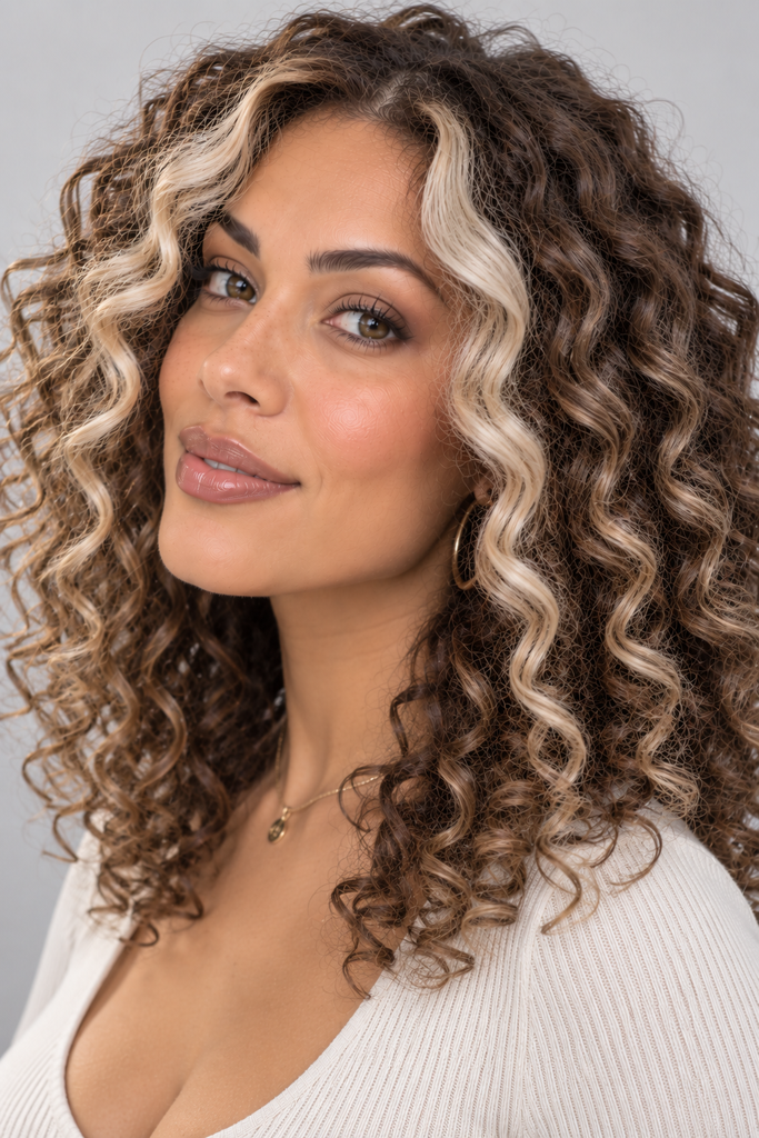 Ash brown curly hair with bold money piece highlights