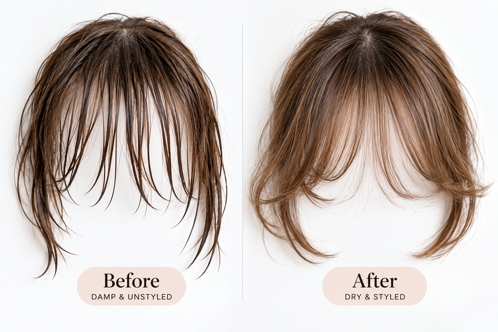Before and after comparison of wispy bangs blow dry results