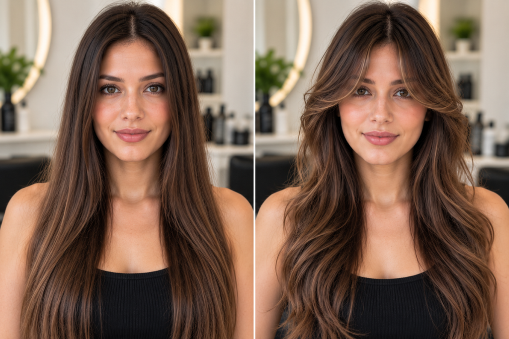 Before and after curtain bangs haircut transformation