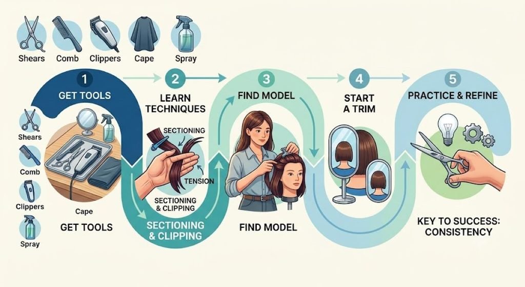 Beginner practicing how to start cutting hair on a mannequin head at home