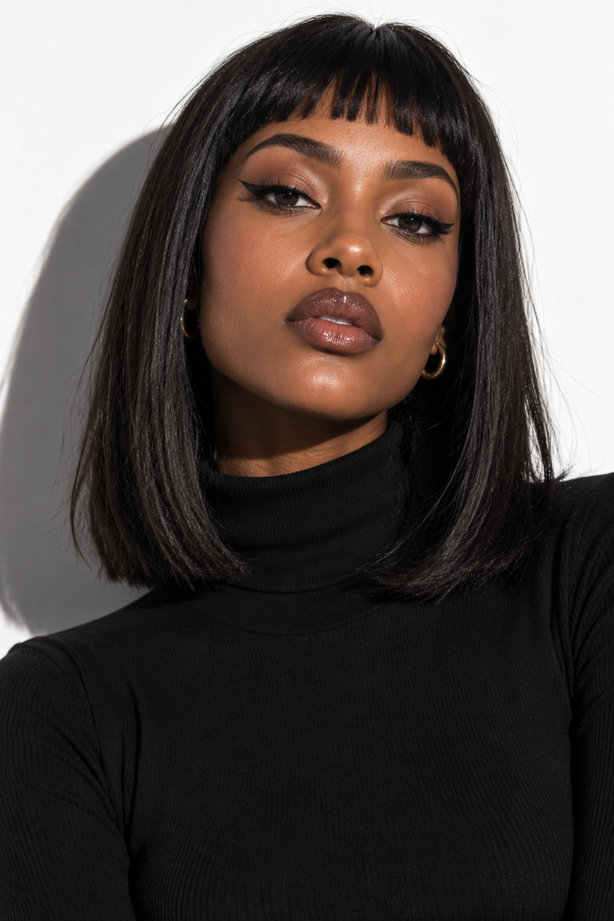 Blunt cut with micro bangs, a bold medium length haircut idea