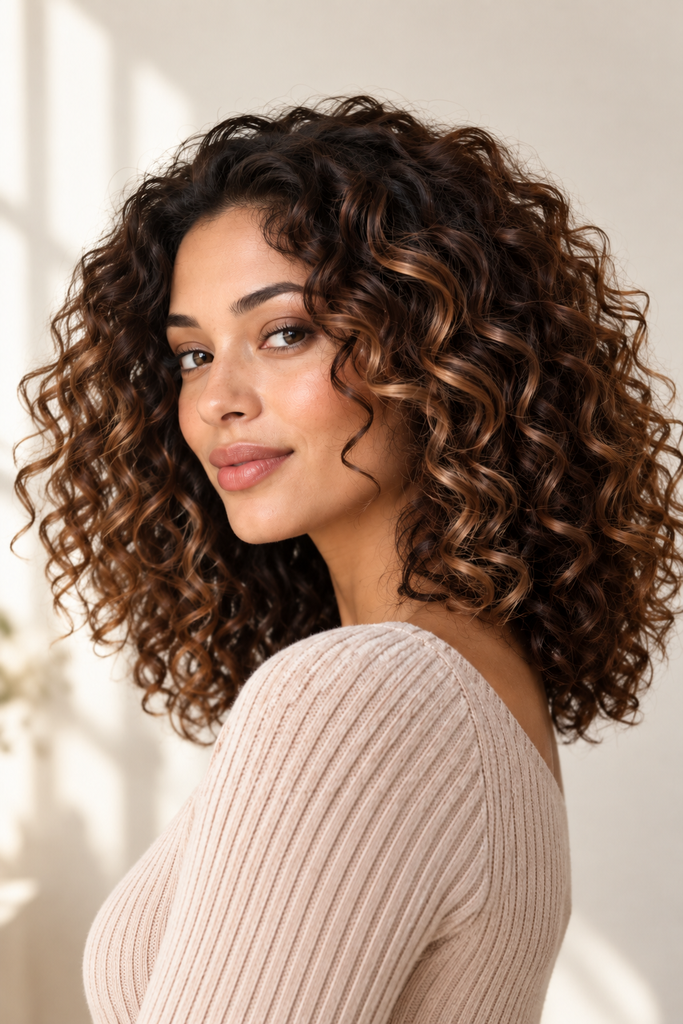Chocolate brown curly hair with thin caramel ribbon highlights