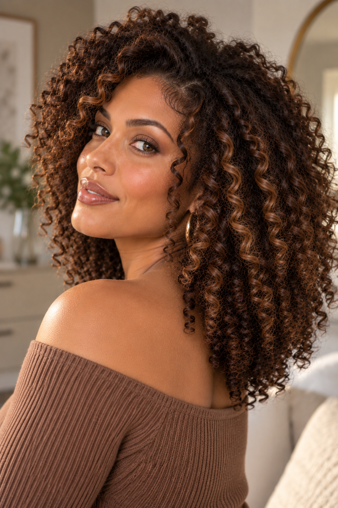 Cinnamon swirl balayage on deep brown curly hair