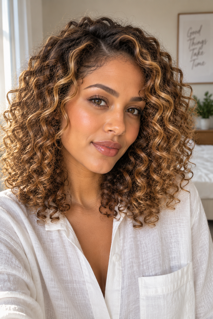 Close-up of curly hair with fine golden babylights throughout