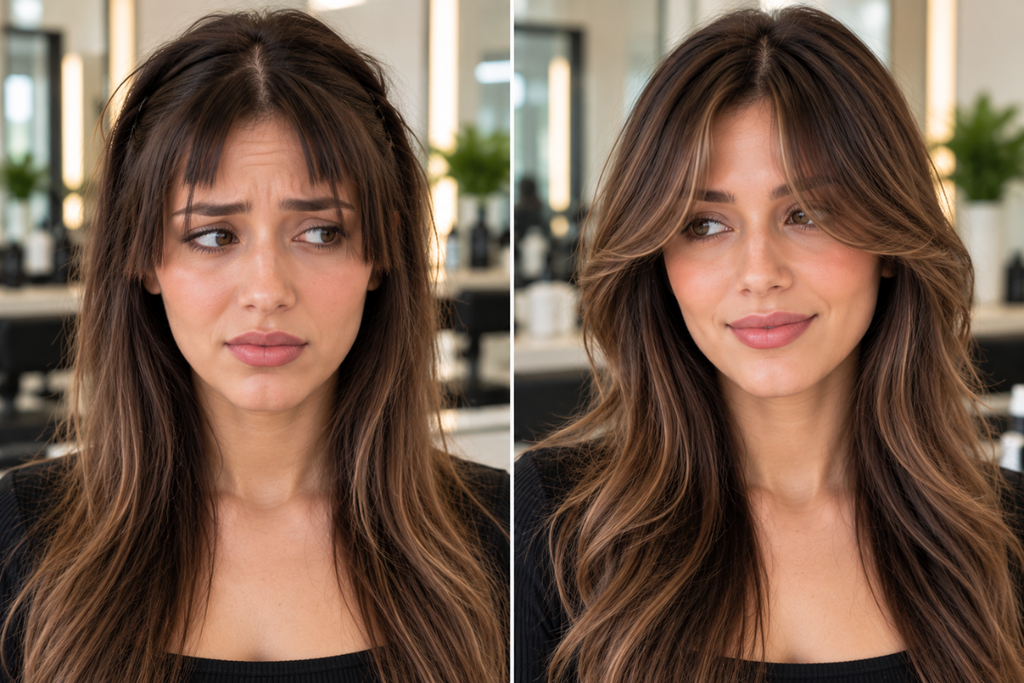 Woman cutting curtain bangs step by step with hair scissors