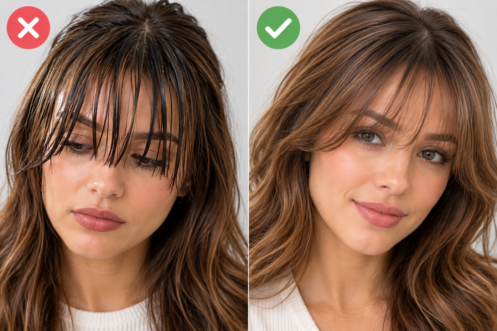 Comparison of overstyled versus properly styled wispy bangs
