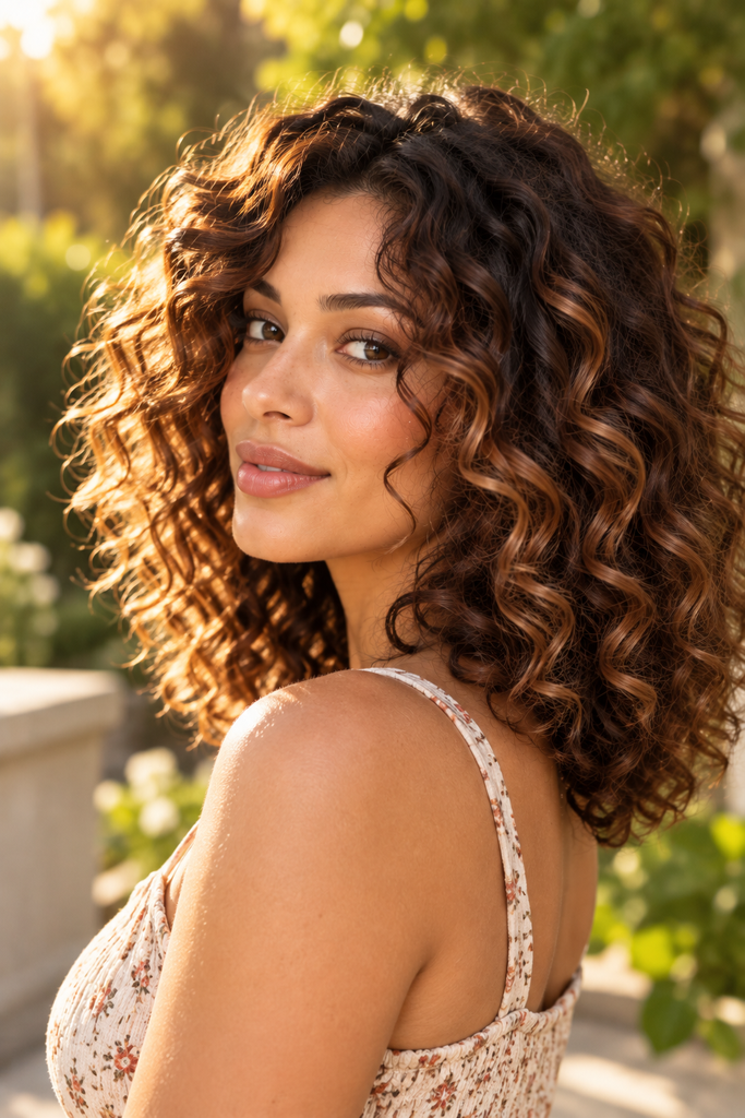 Copper balayage highlights on medium-length curly brunette hair