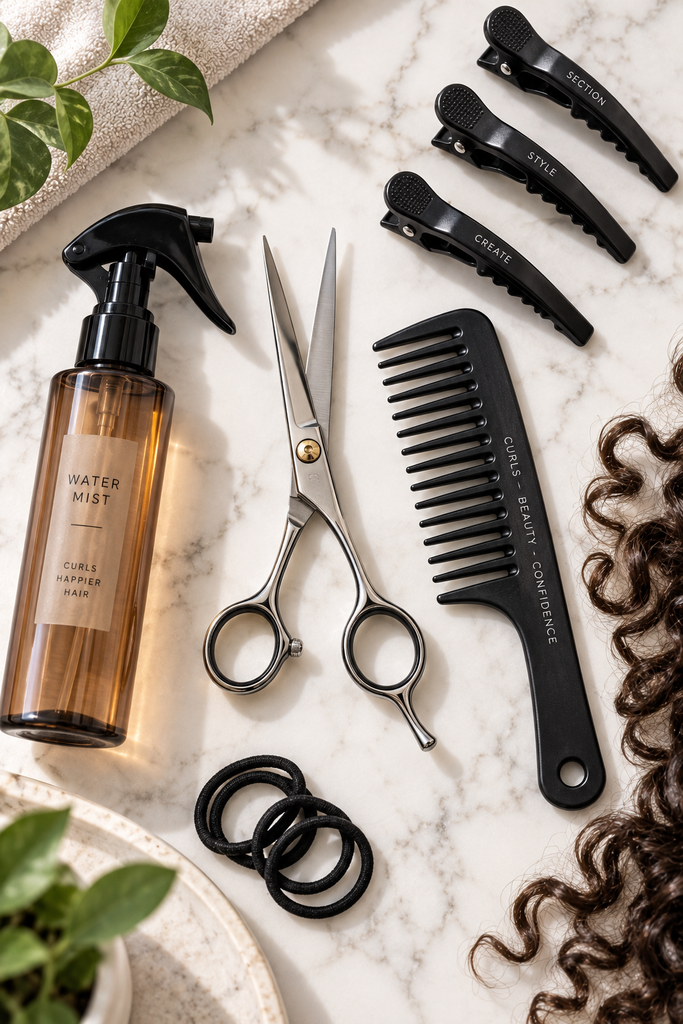 Flat lay of hair shears, wide-tooth comb, and clips used for curly hair bang cutting methods