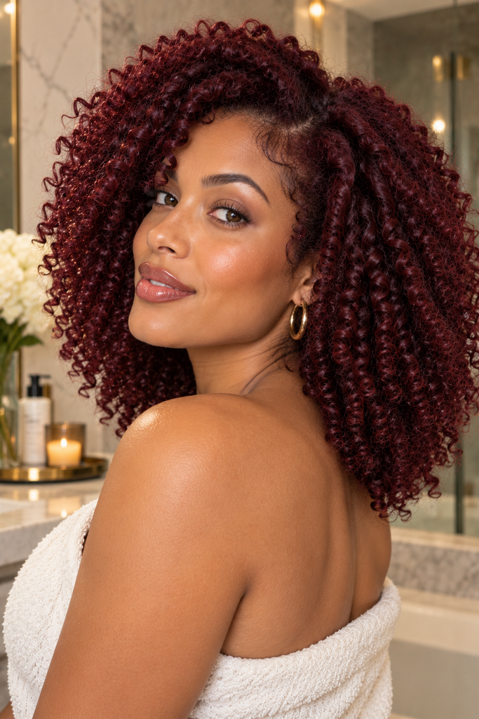 Deep burgundy hair color on defined coily curls